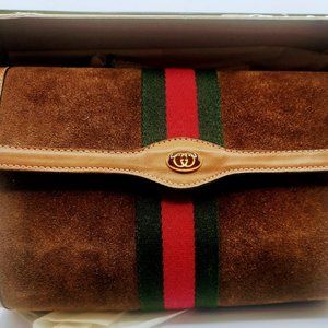 Gucci Vintage Bag Sherry Clutch Handbag Suede leather Beige Medium